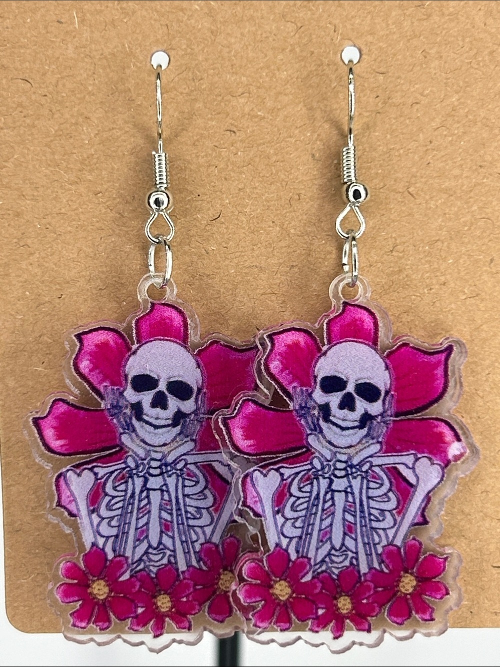 Pink Flower Skeleton Flower Dangle Earrings Fashion Jewelry